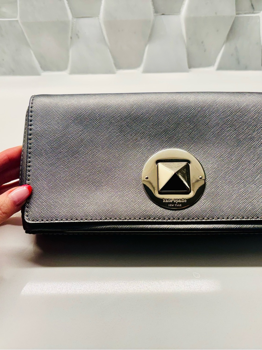 Kate Spade Silver Metallic Saffiano Clutch with Silver Hardware